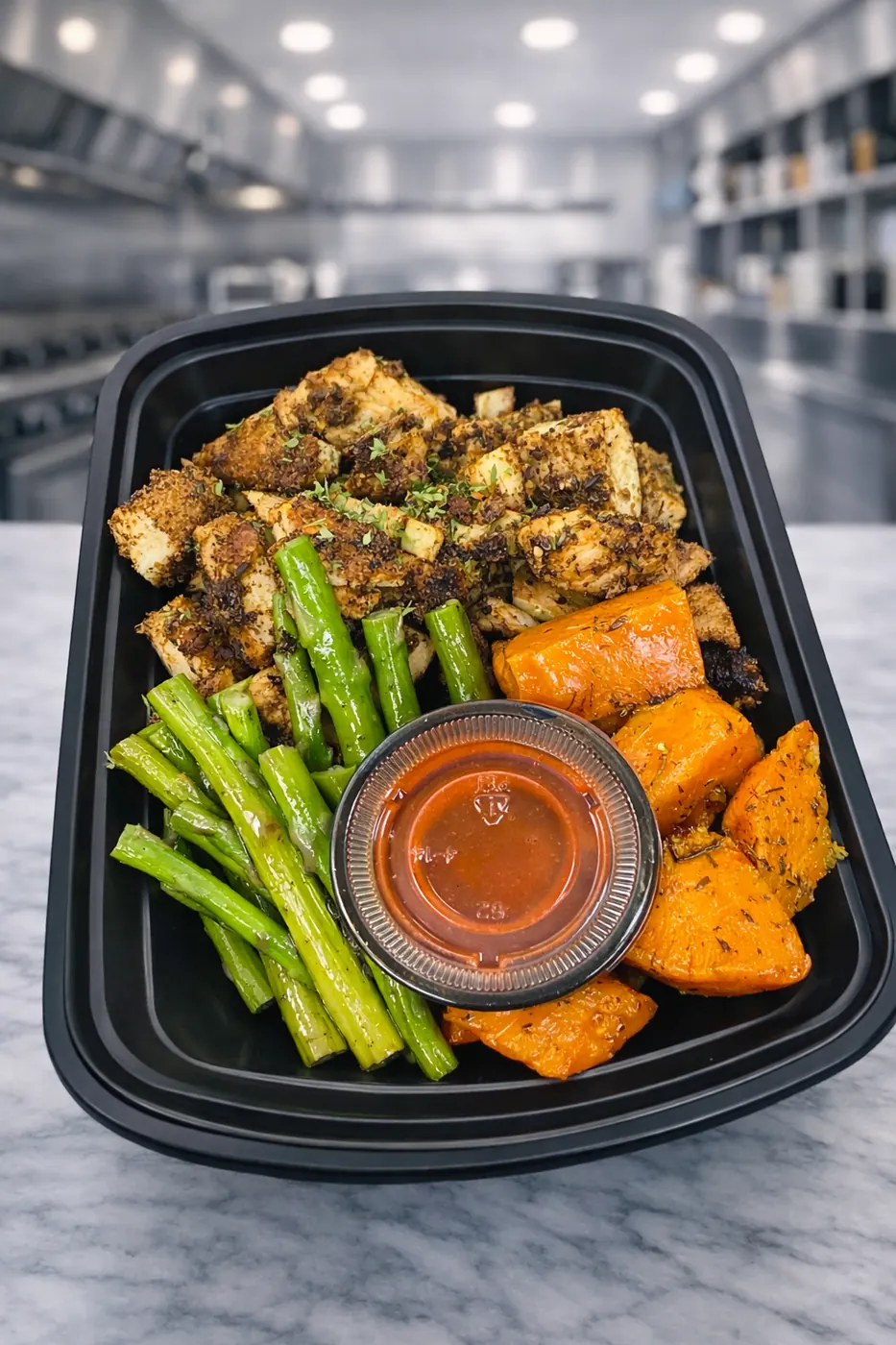 Herb-crusted chicken with asparagus and roasted sweet potatoes in a meal prep container